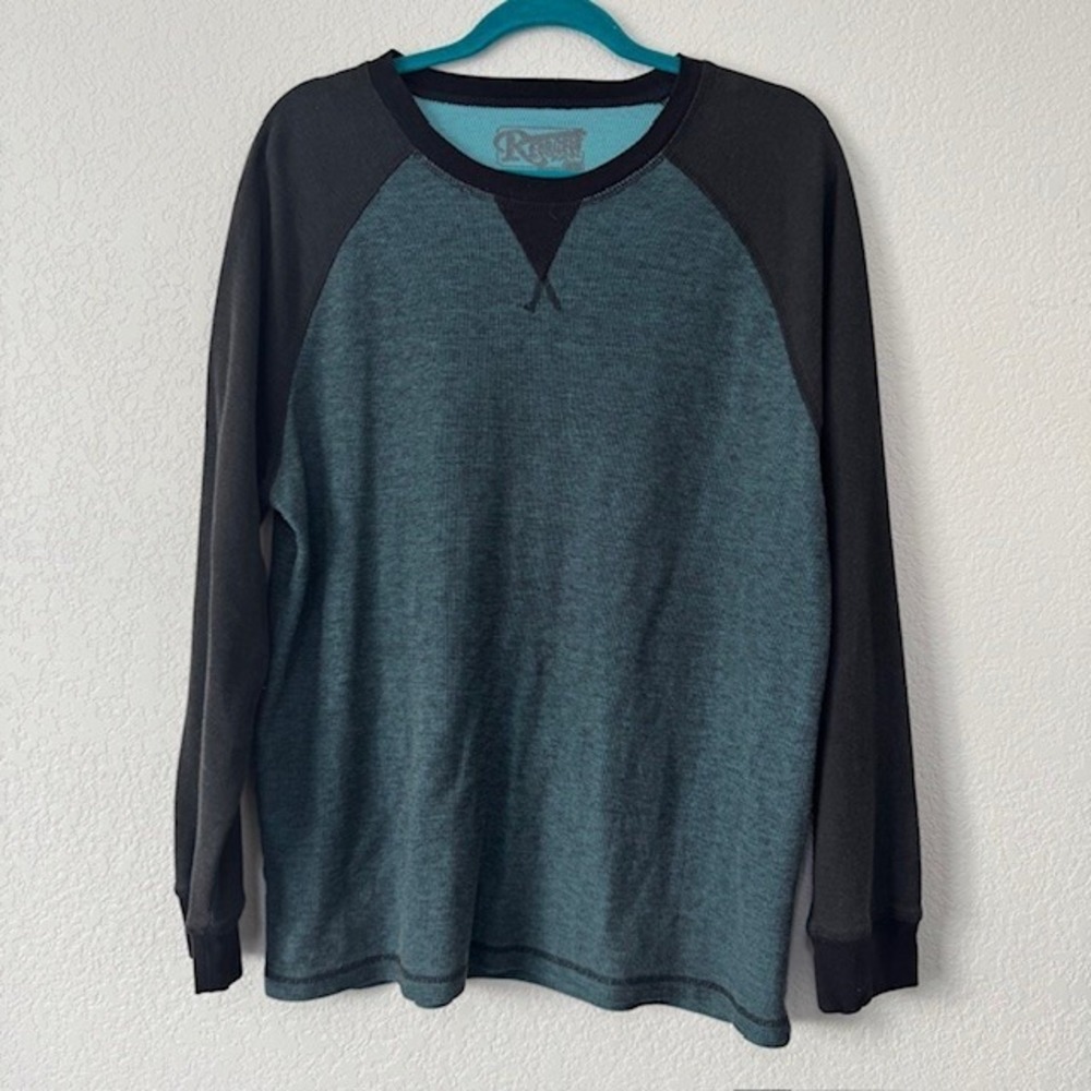Rugged Wear Long Sleeve Shirt Mens Large Teal Black Raglan Waffle Knit Casual